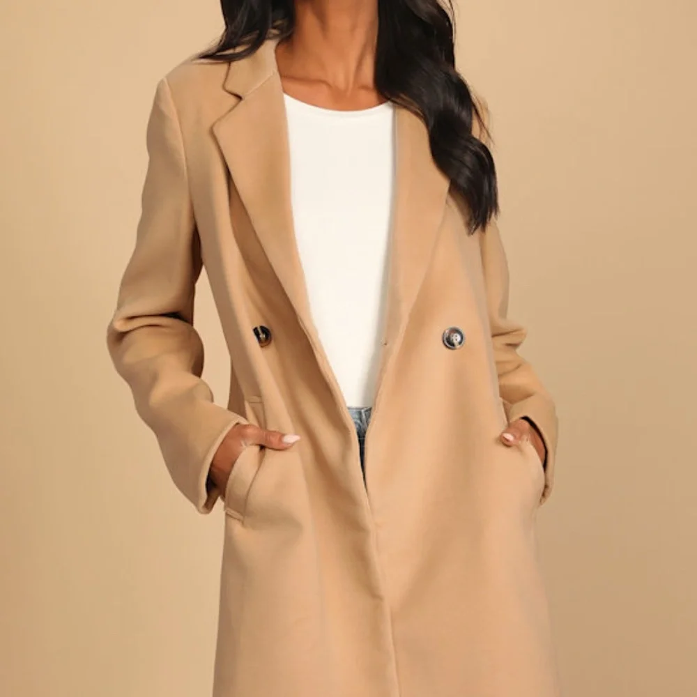 Lulus Harriet Long Double-breasted Tan Coat Brown - Size M - Picture 1 of 6